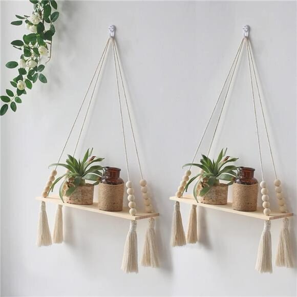 2 Pack Wooden Wall Hanging Shelves - Macrame Hanging Plant Shelf with Tassel - Picture 1 of 7
